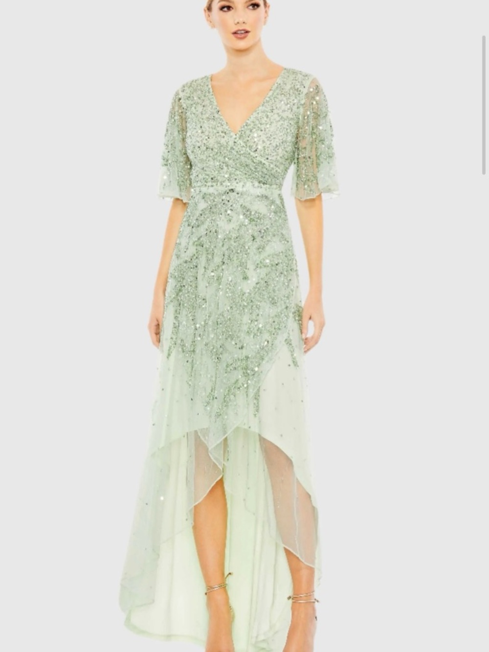 Mac Duggal Mint Green Sequin V‑Neck High‑Low Gown #93681